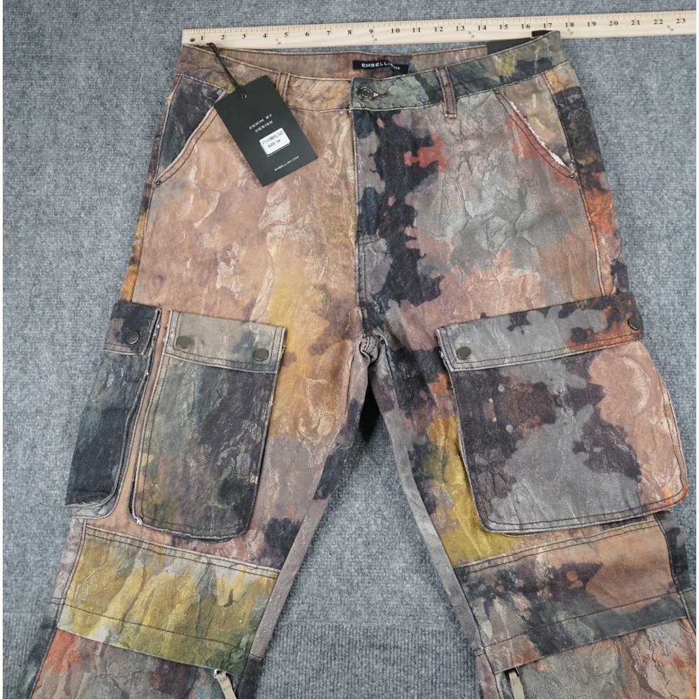 Embellish NYC Cargo BAGGY Pants 34 Multicolor Abstract Dye Flare Utility Pockets